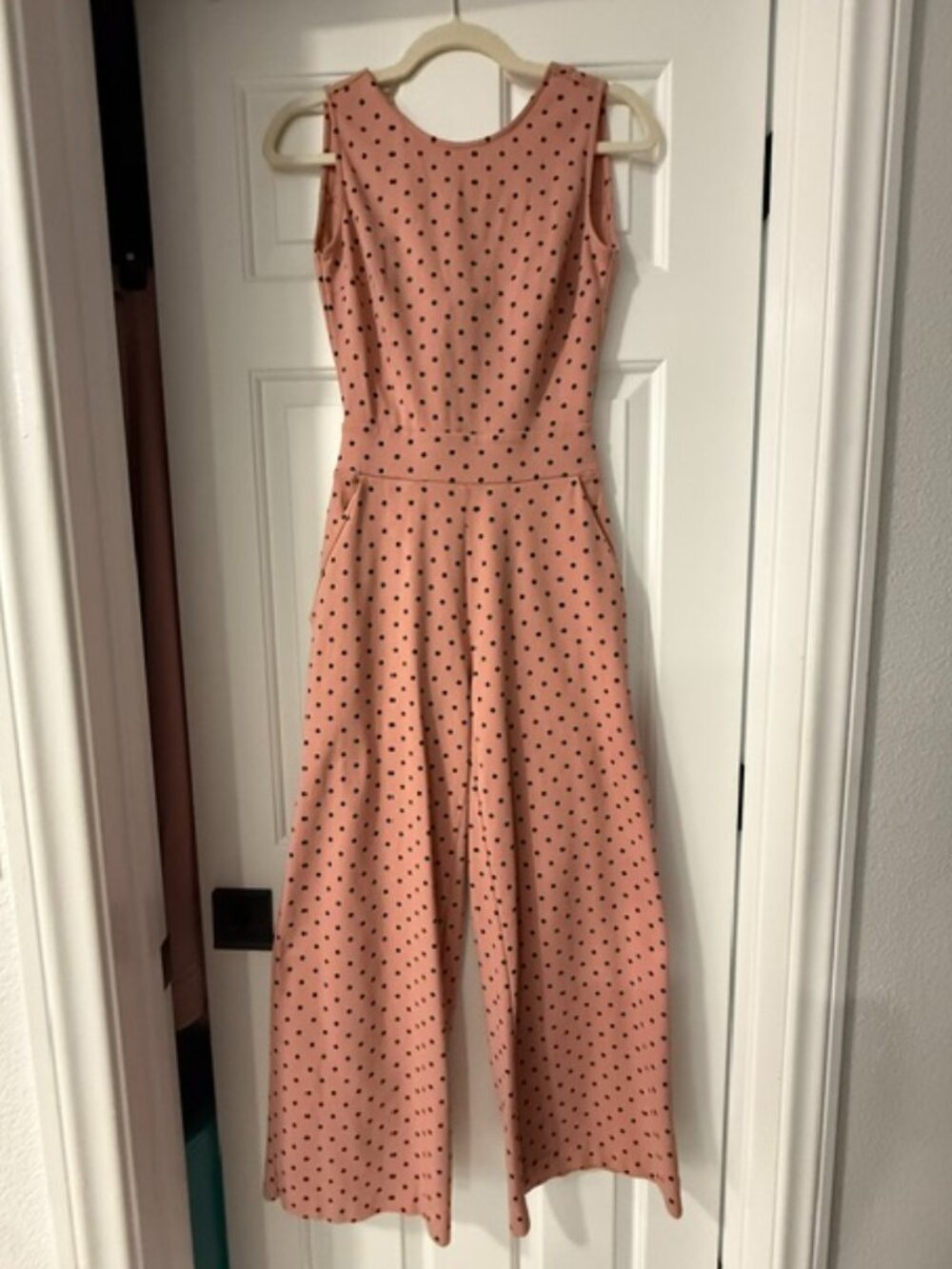 Boutique Blush Pink Polka Dot Open Back Bow Wide Leg Jumpsuit XS